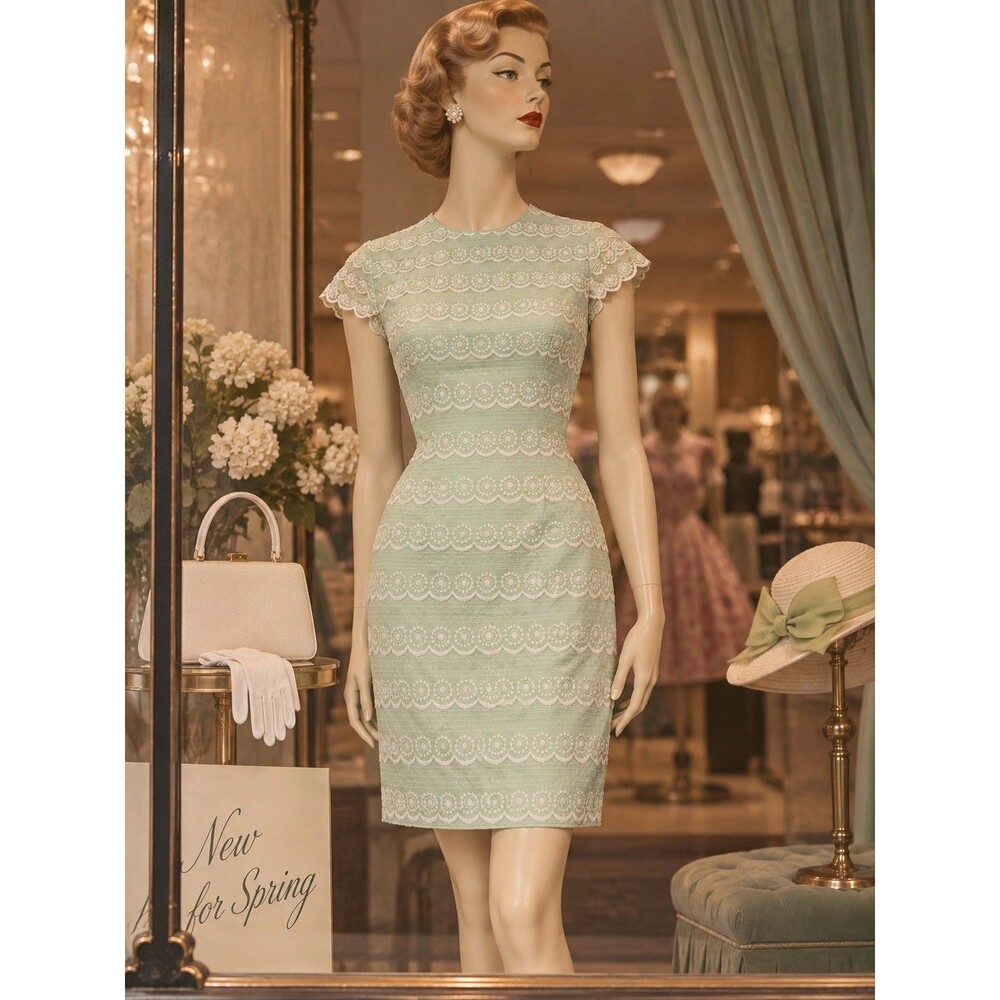Vintage 1960s Leslie Pomer Pistachio Green Eyelet Lace Mod Shift Dress